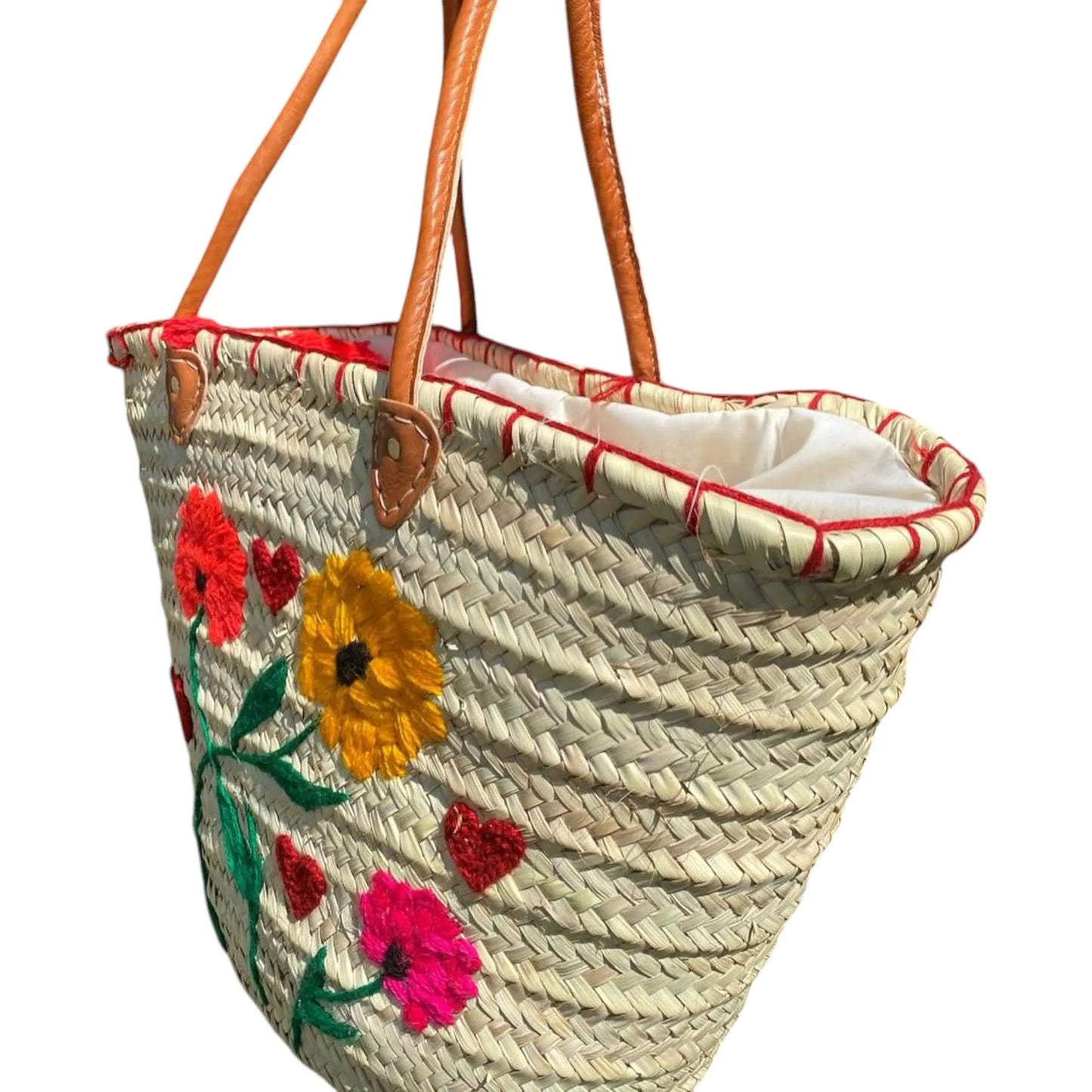 Straw Bag with Long Basket Handle - Medium Size - French Leather Market Basket, Beach Bag, Handmade Bag, Wholesale Woven Bag