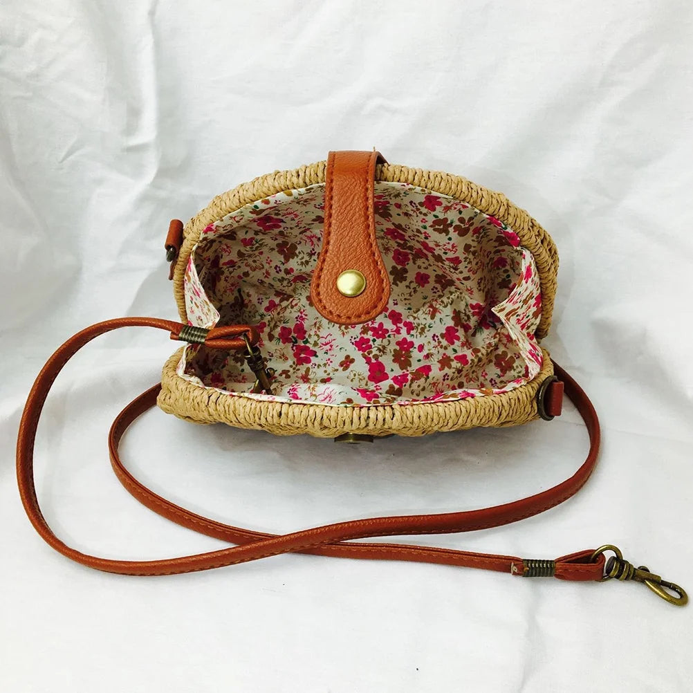 Handmade Rattan Bag Straw Bag for Women Woven Magnetic Snap Semicircle Shape Crossbody Bag Beach Bag (Khaki)