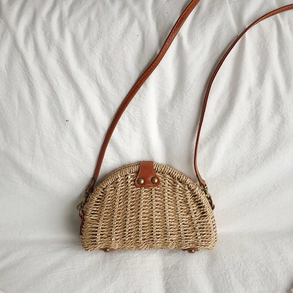 Handmade Rattan Bag Straw Bag for Women Woven Magnetic Snap Semicircle Shape Crossbody Bag Beach Bag (Khaki)