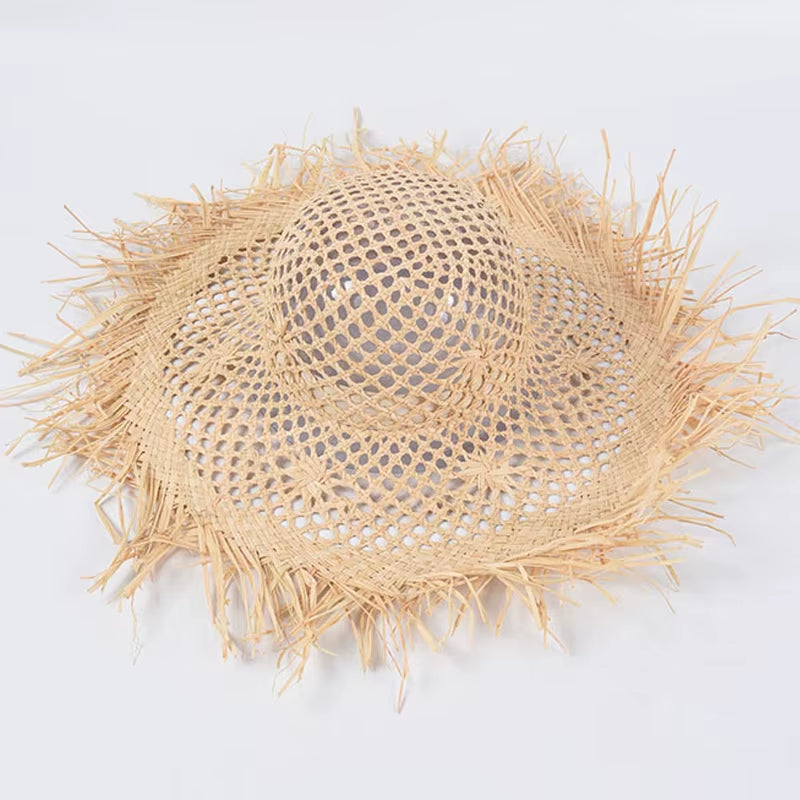 New Natural Raffia Hat Women Summer Hand Woven Straw Hat Gilrs Holiday Sun Hats Wide Brim Sun Hat Floppy Panama Travel Beach Hat