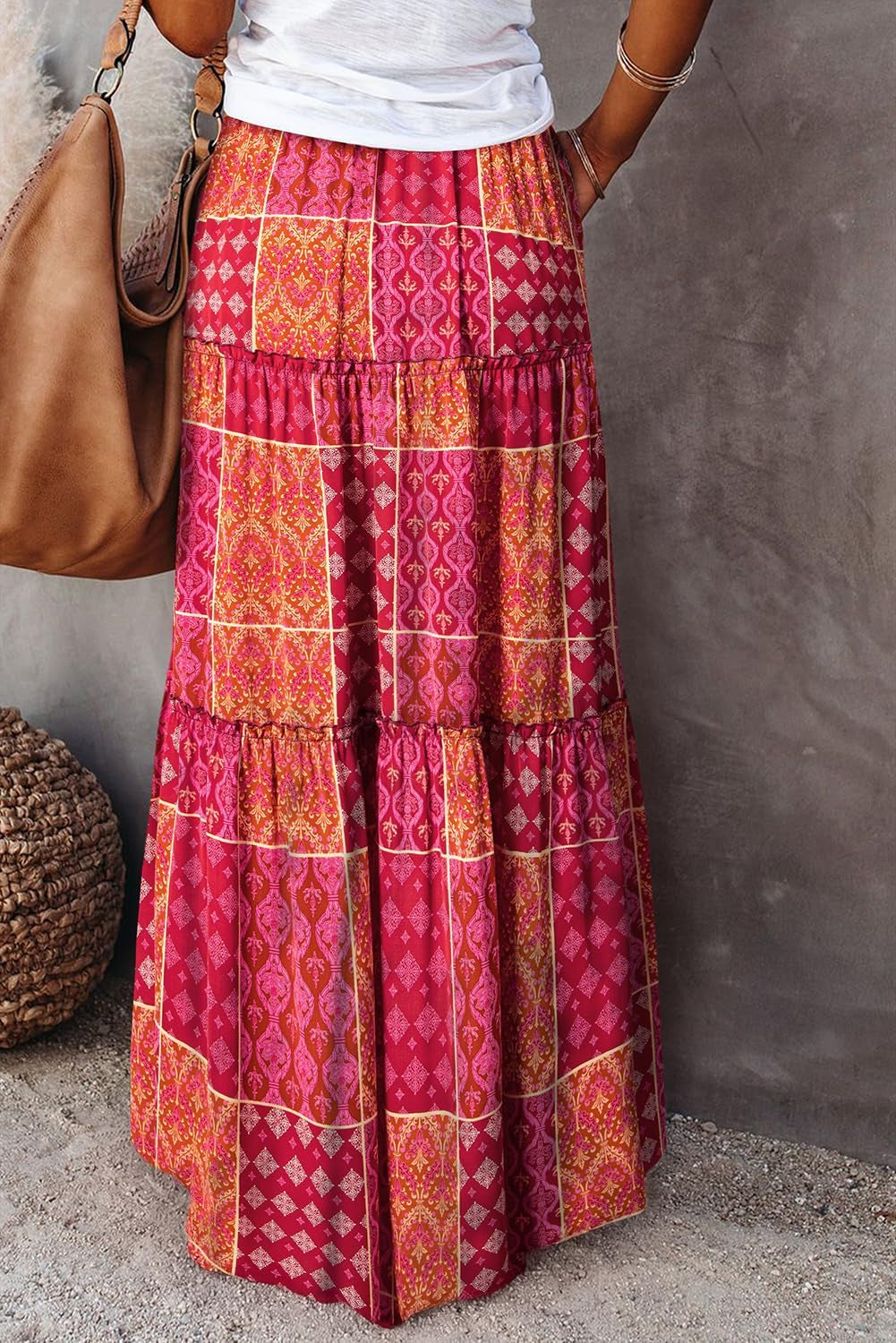 Womens Floral Print Boho Maxi Skirt Elastic High Waist Pleated Ruffle Flowy Long Skirts S-XL