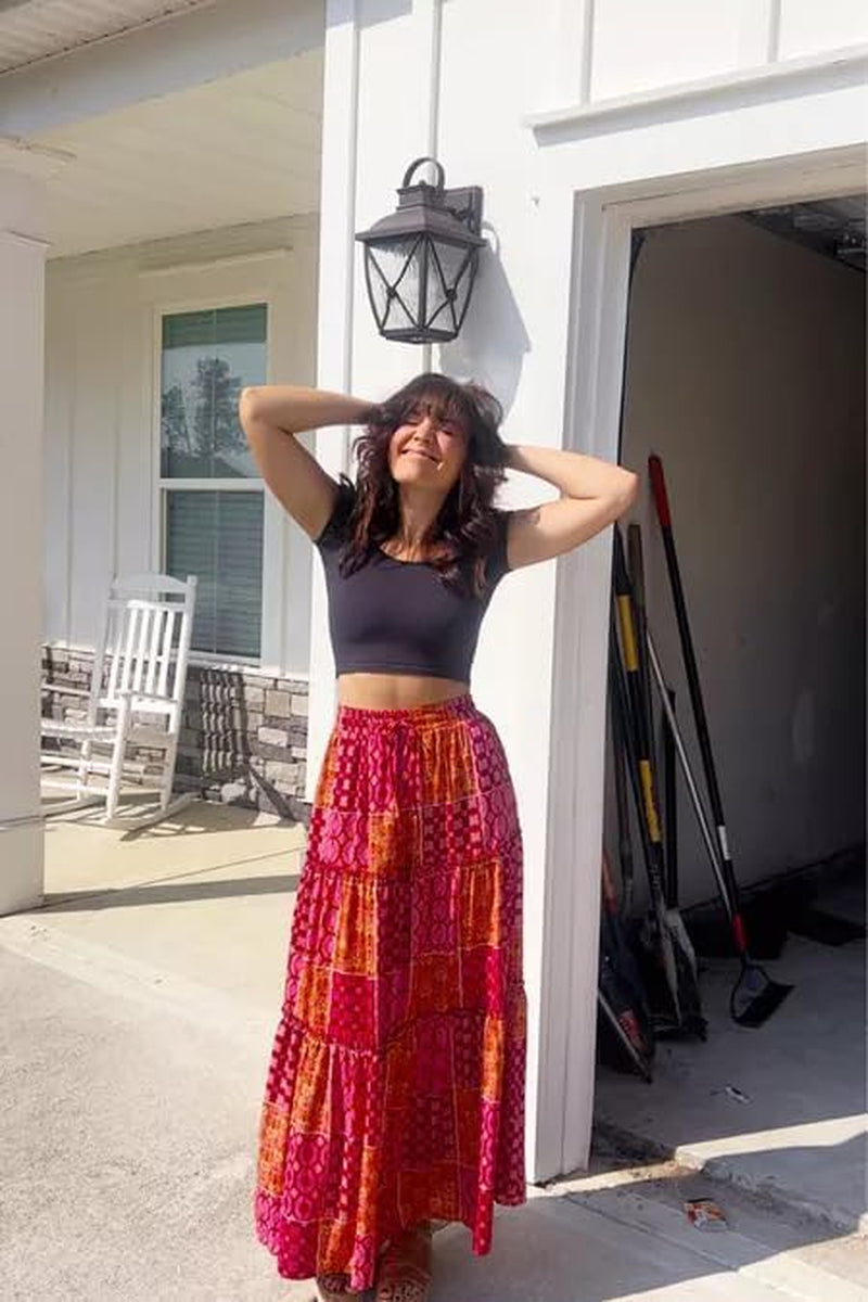 Womens Floral Print Boho Maxi Skirt Elastic High Waist Pleated Ruffle Flowy Long Skirts S-XL