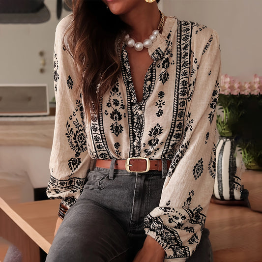 Women'S Elegant Printed Blouse - Flowy Boho Shirt with Lantern Sleeves & Lace Trim, Vintage Ethnic Style Loose Top for Spring&Fall
