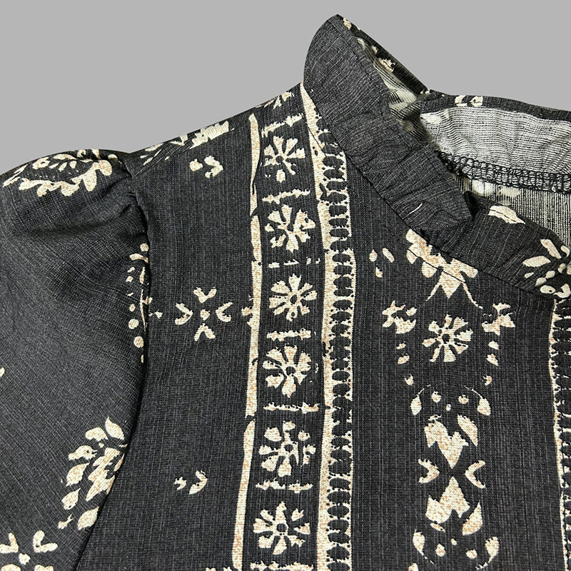 Women'S Elegant Printed Blouse - Flowy Boho Shirt with Lantern Sleeves & Lace Trim, Vintage Ethnic Style Loose Top for Spring&Fall