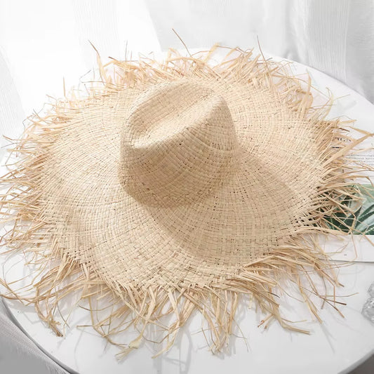 New Natural Raffia Hat Women Summer Hand Woven Straw Hat Gilrs Holiday Sun Hats Wide Brim Sun Hat Floppy Panama Travel Beach Hat
