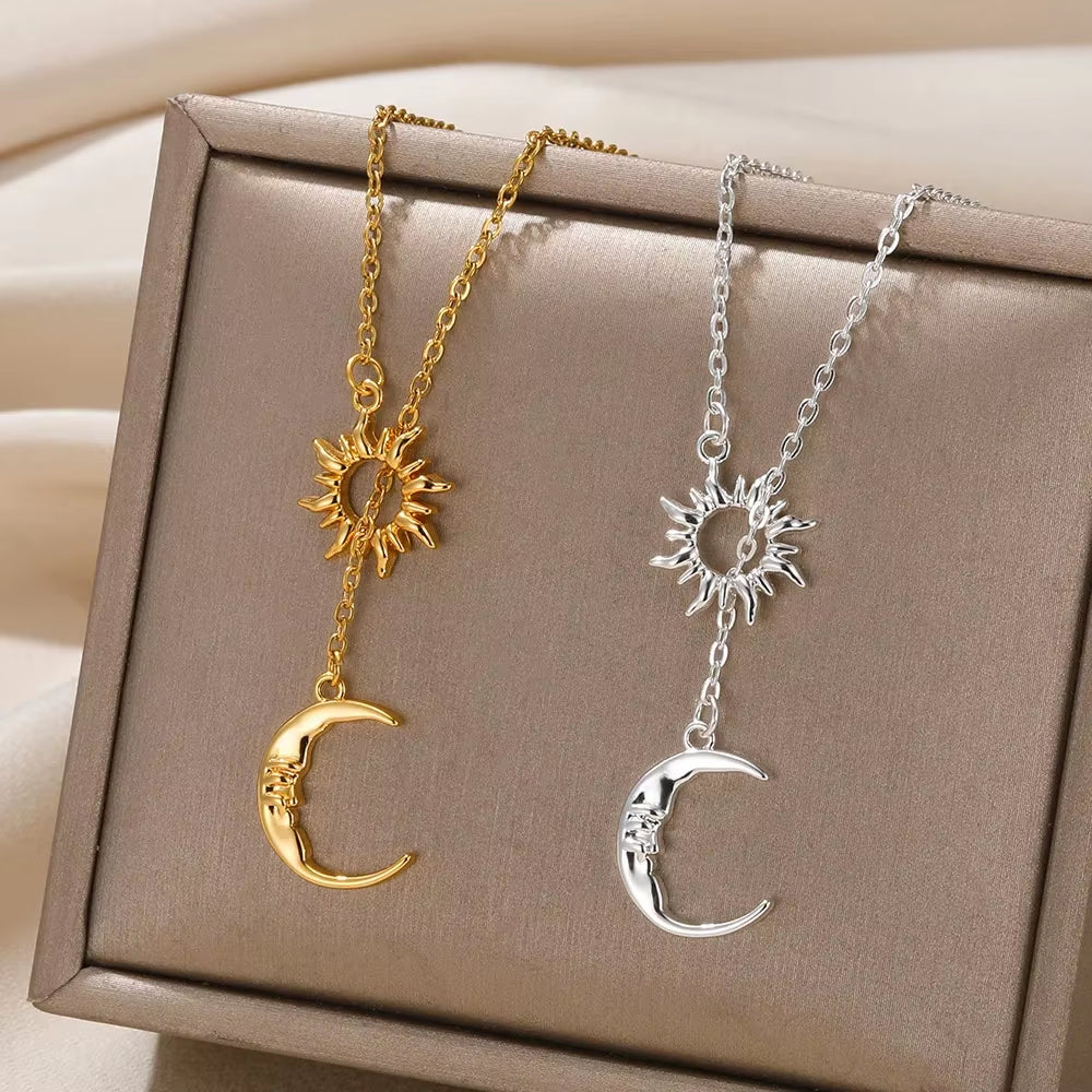 Stainless Steel Necklaces for Women Sun Moon Pendant Clavicle Chain Exquisite Bohemian Wedding Jewelry Gift Fashion Accessories