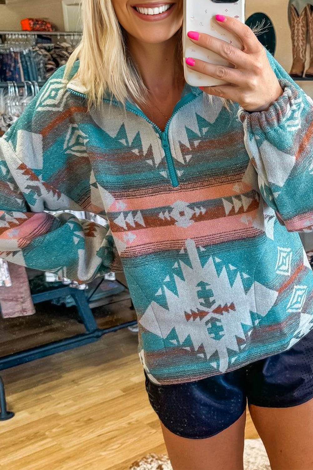 Khaki Quarter Zip Elastic Cuffs Aztec Sweatshirt