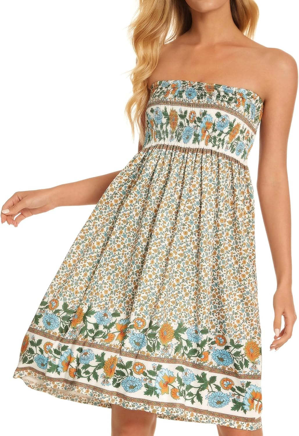 Summer Dresses for Women Beach Cover Ups Strapless Boho Floral Print Sundress