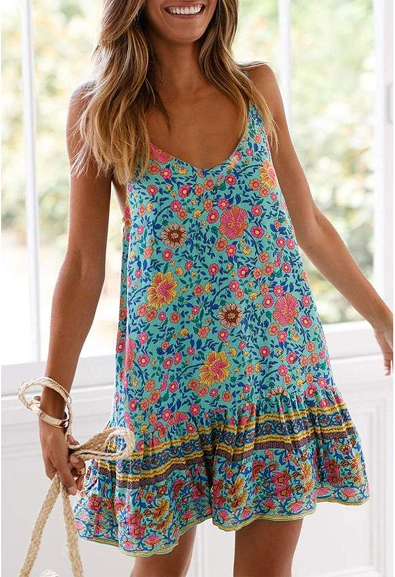 Womens Boho Floral Printed Dress Summer Sleeveless Adjustable Strap Beach Mini Dress with Pockets
