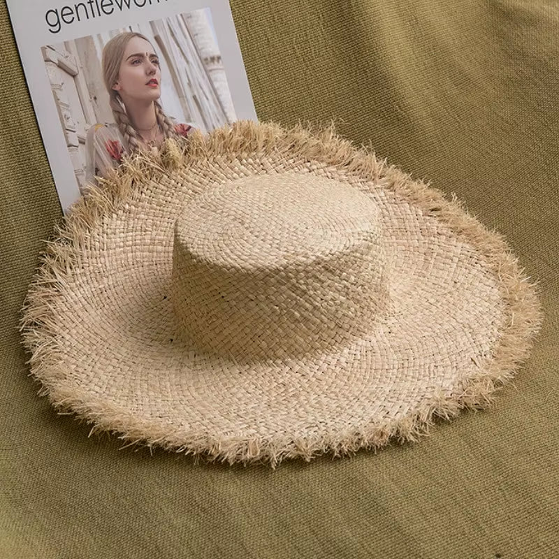 New Natural Raffia Hat Women Summer Hand Woven Straw Hat Gilrs Holiday Sun Hats Wide Brim Sun Hat Floppy Panama Travel Beach Hat