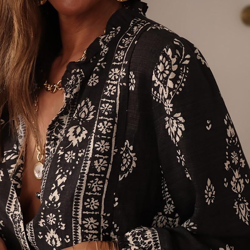 Women'S Elegant Printed Blouse - Flowy Boho Shirt with Lantern Sleeves & Lace Trim, Vintage Ethnic Style Loose Top for Spring&Fall