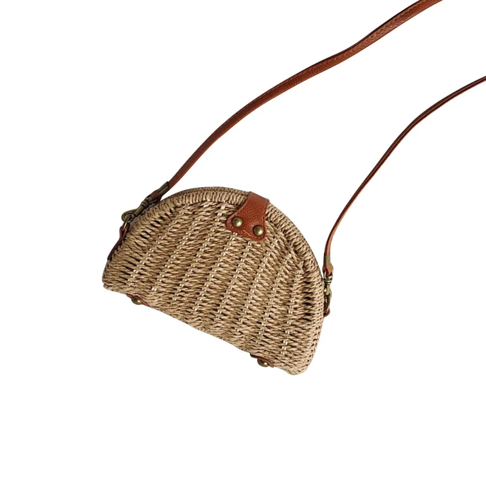 Handmade Rattan Bag Straw Bag for Women Woven Magnetic Snap Semicircle Shape Crossbody Bag Beach Bag (Khaki)