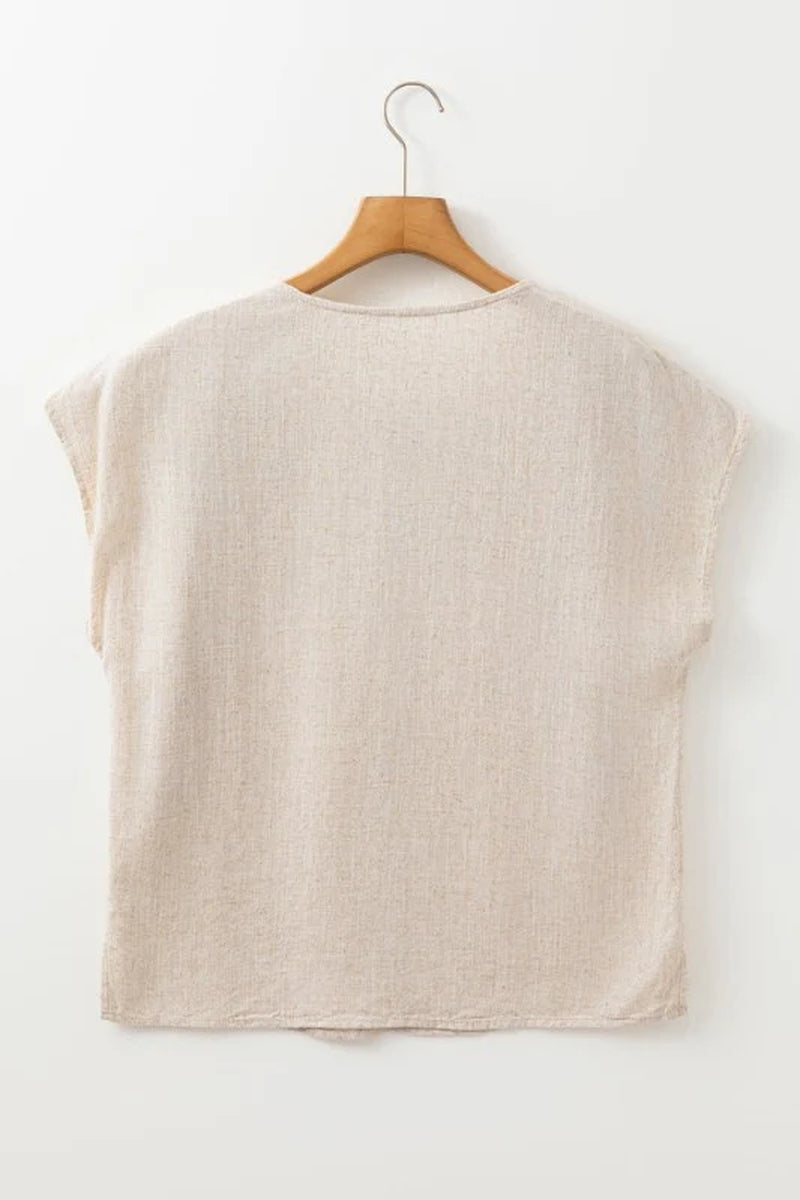 Louisa Embroidered Short Sleeve Tassel Tied Blouse