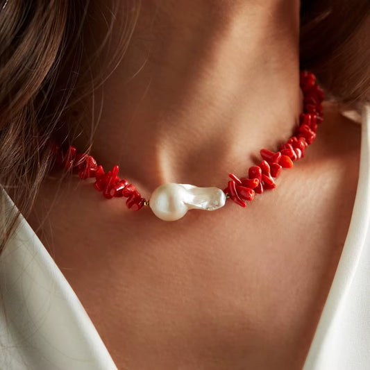 Bohemian Punk Red Coral Bead Big Baroque Freshwater Pearl Necklaces for Women Choker Necklace Party Jewelry Gift