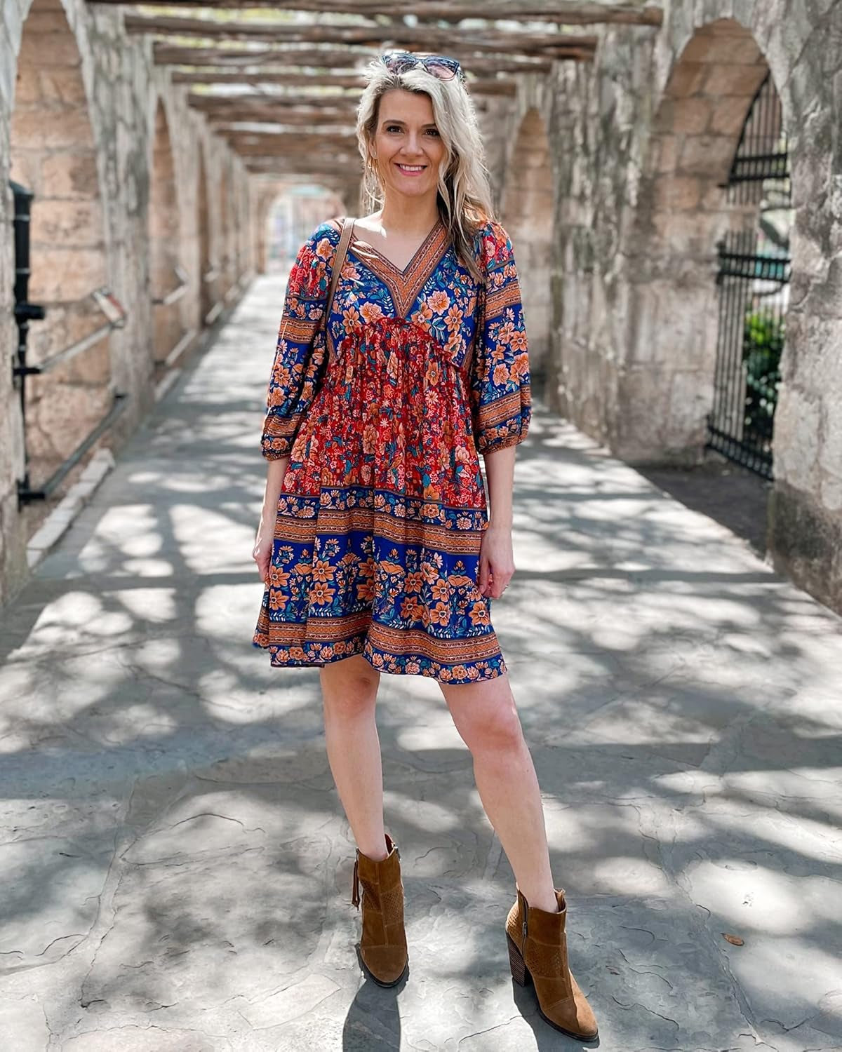 Women Casual Spring Summer Dresses V Neck 3/4 Long Sleeve Ruffle Floral Flowy Boho Babydoll Mini Short Beach Dress