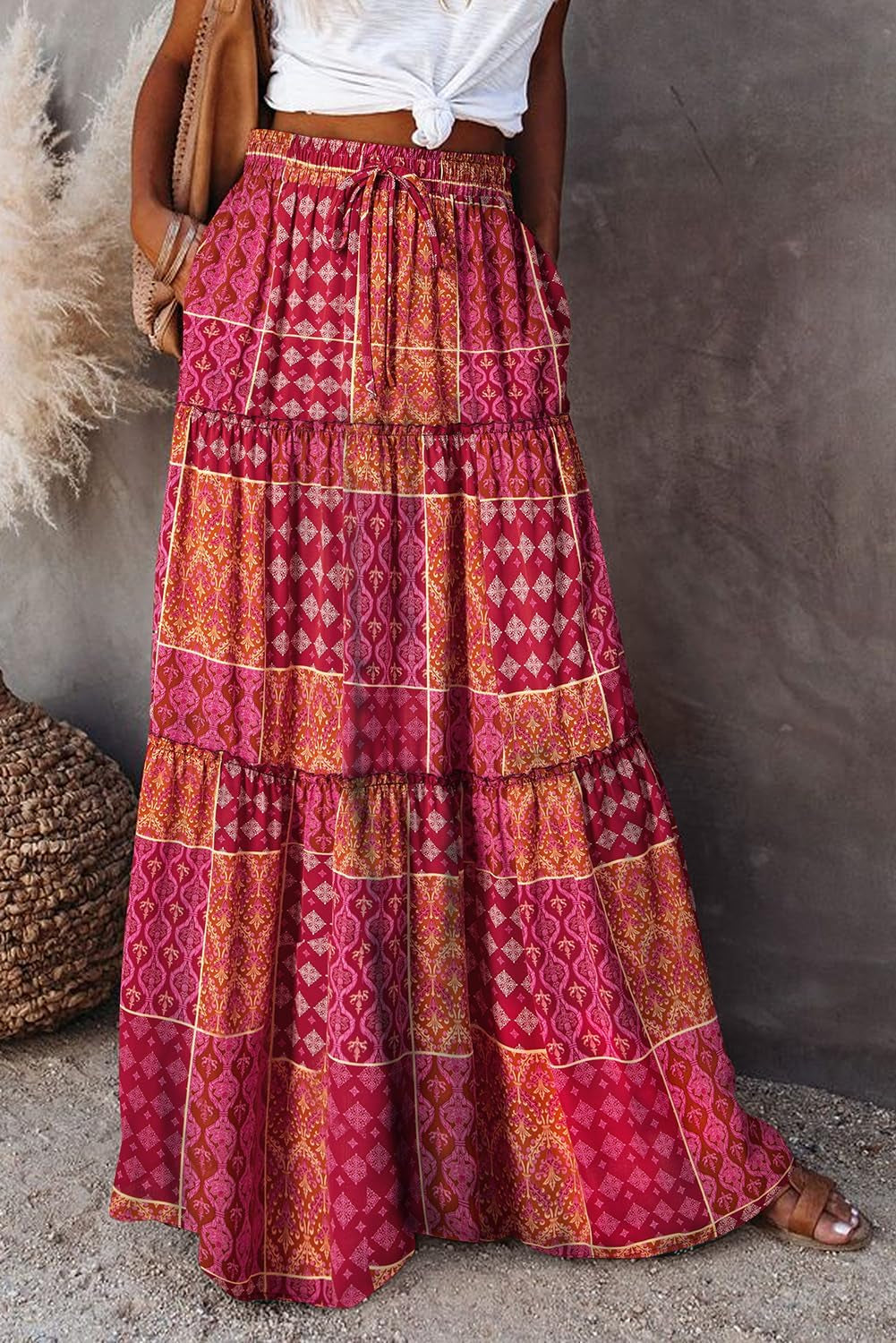 Womens Floral Print Boho Maxi Skirt Elastic High Waist Pleated Ruffle Flowy Long Skirts S-XL
