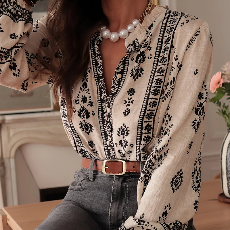Women'S Elegant Printed Blouse - Flowy Boho Shirt with Lantern Sleeves & Lace Trim, Vintage Ethnic Style Loose Top for Spring&Fall