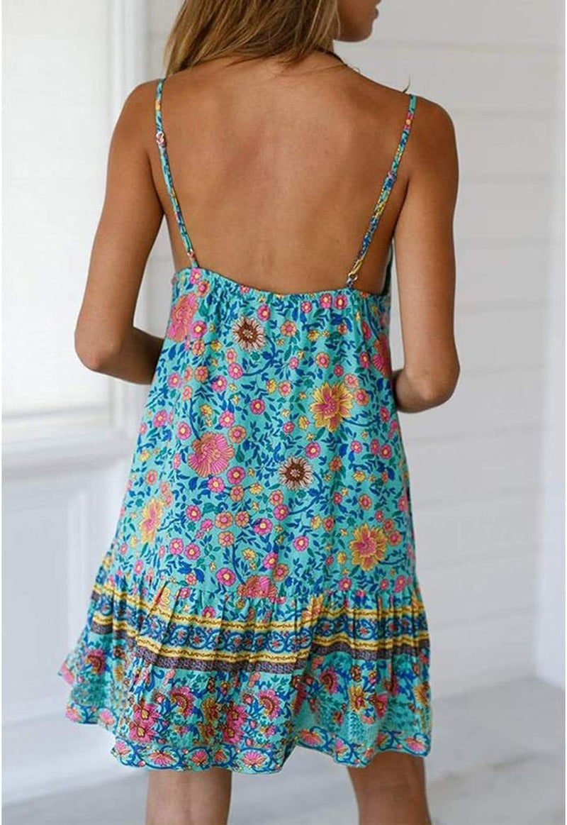Womens Boho Floral Printed Dress Summer Sleeveless Adjustable Strap Beach Mini Dress with Pockets