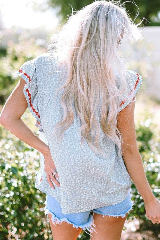 Angie Boho Embroidered Floral Print Flutter Sleeve