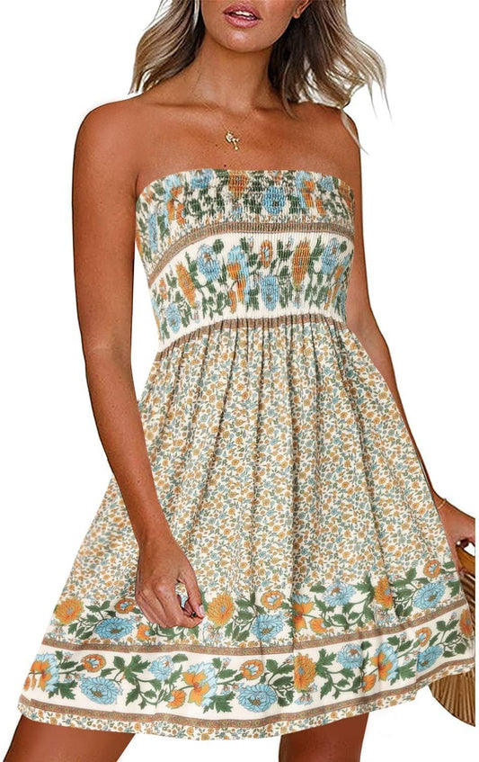Summer Dresses for Women Beach Cover Ups Strapless Boho Floral Print Sundress