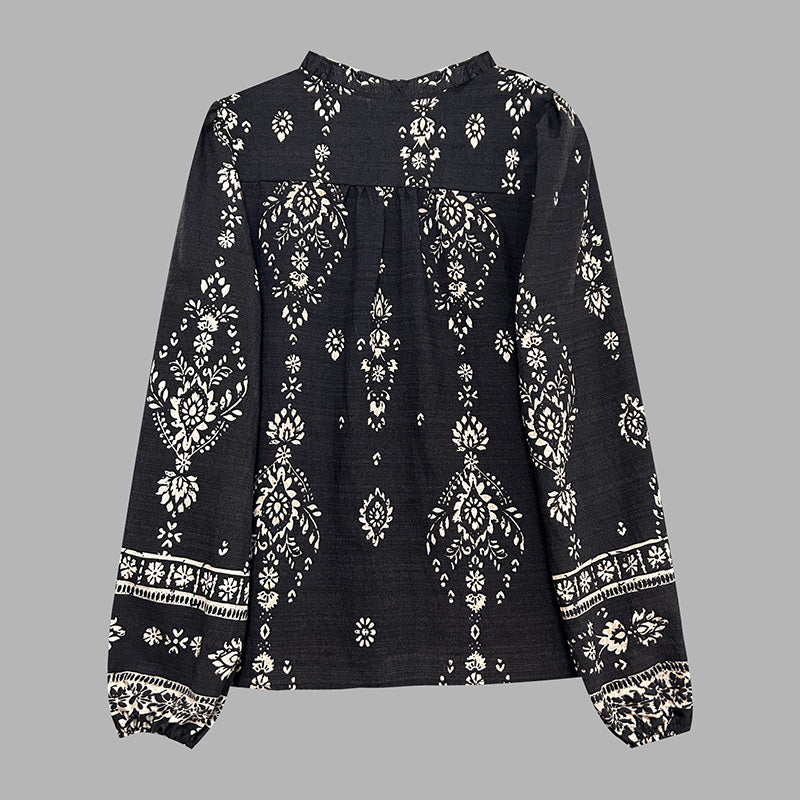 Women'S Elegant Printed Blouse - Flowy Boho Shirt with Lantern Sleeves & Lace Trim, Vintage Ethnic Style Loose Top for Spring&Fall