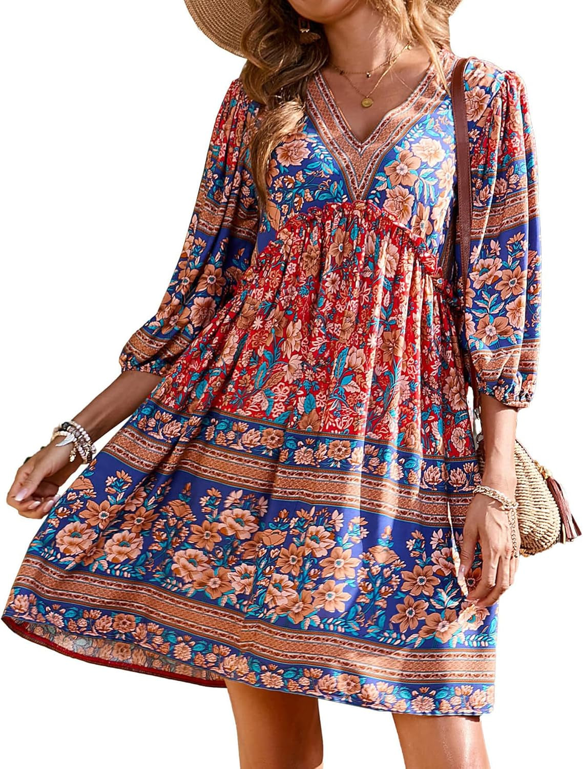 Women Casual Spring Summer Dresses V Neck 3/4 Long Sleeve Ruffle Floral Flowy Boho Babydoll Mini Short Beach Dress