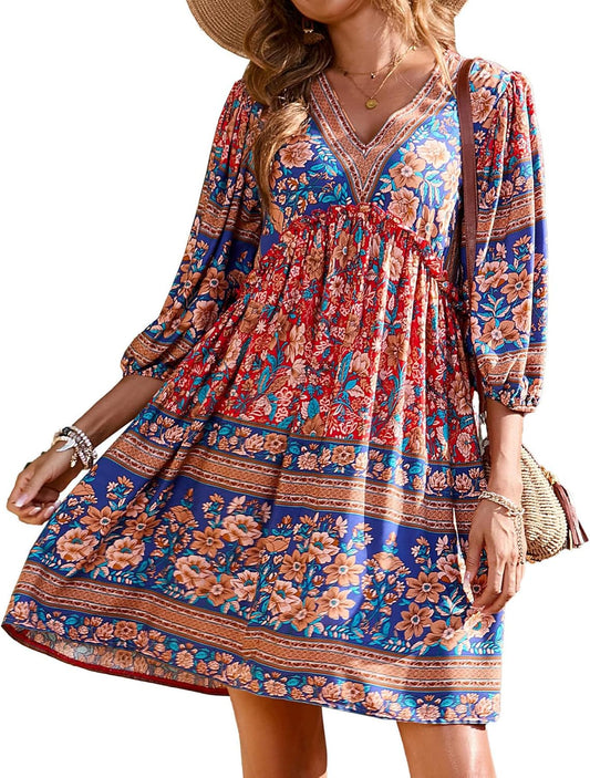 Women Casual Spring Summer Dresses V Neck 3/4 Long Sleeve Ruffle Floral Flowy Boho Babydoll Mini Short Beach Dress