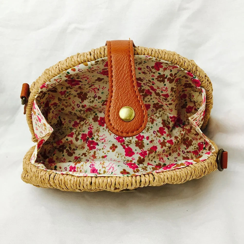Handmade Rattan Bag Straw Bag for Women Woven Magnetic Snap Semicircle Shape Crossbody Bag Beach Bag (Khaki)