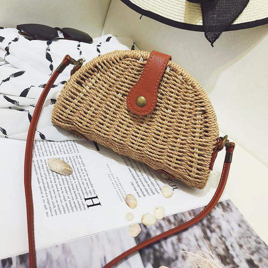 Handmade Rattan Bag Straw Bag for Women Woven Magnetic Snap Semicircle Shape Crossbody Bag Beach Bag (Khaki)