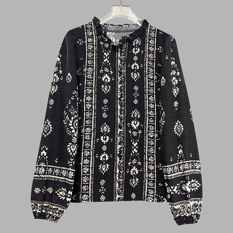Women'S Elegant Printed Blouse - Flowy Boho Shirt with Lantern Sleeves & Lace Trim, Vintage Ethnic Style Loose Top for Spring&Fall