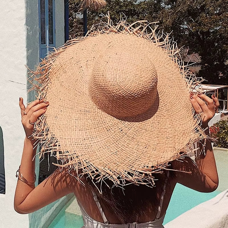 New Natural Raffia Hat Women Summer Hand Woven Straw Hat Gilrs Holiday Sun Hats Wide Brim Sun Hat Floppy Panama Travel Beach Hat