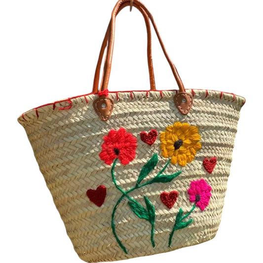 Straw Bag with Long Basket Handle - Medium Size - French Leather Market Basket, Beach Bag, Handmade Bag, Wholesale Woven Bag