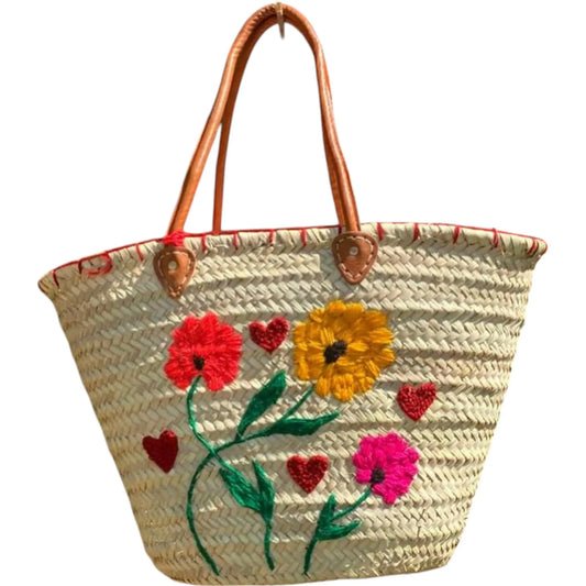 Straw Bag with Long Basket Handle - Medium Size - French Leather Market Basket, Beach Bag, Handmade Bag, Wholesale Woven Bag