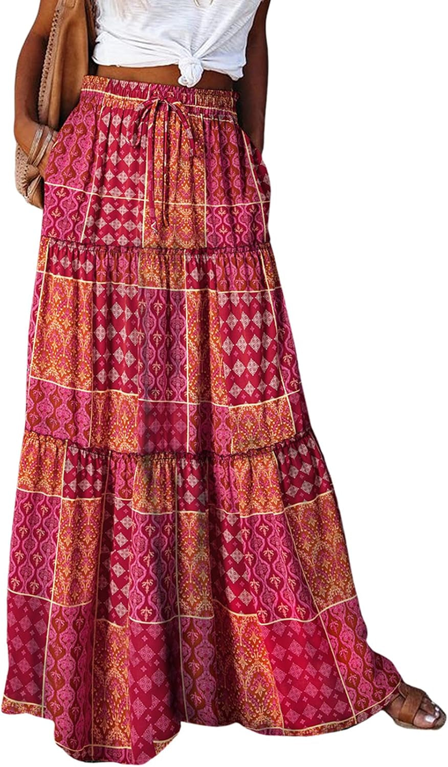 Womens Floral Print Boho Maxi Skirt Elastic High Waist Pleated Ruffle Flowy Long Skirts S-XL