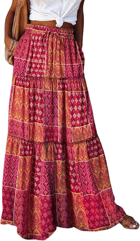 Womens Floral Print Boho Maxi Skirt Elastic High Waist Pleated Ruffle Flowy Long Skirts S-XL