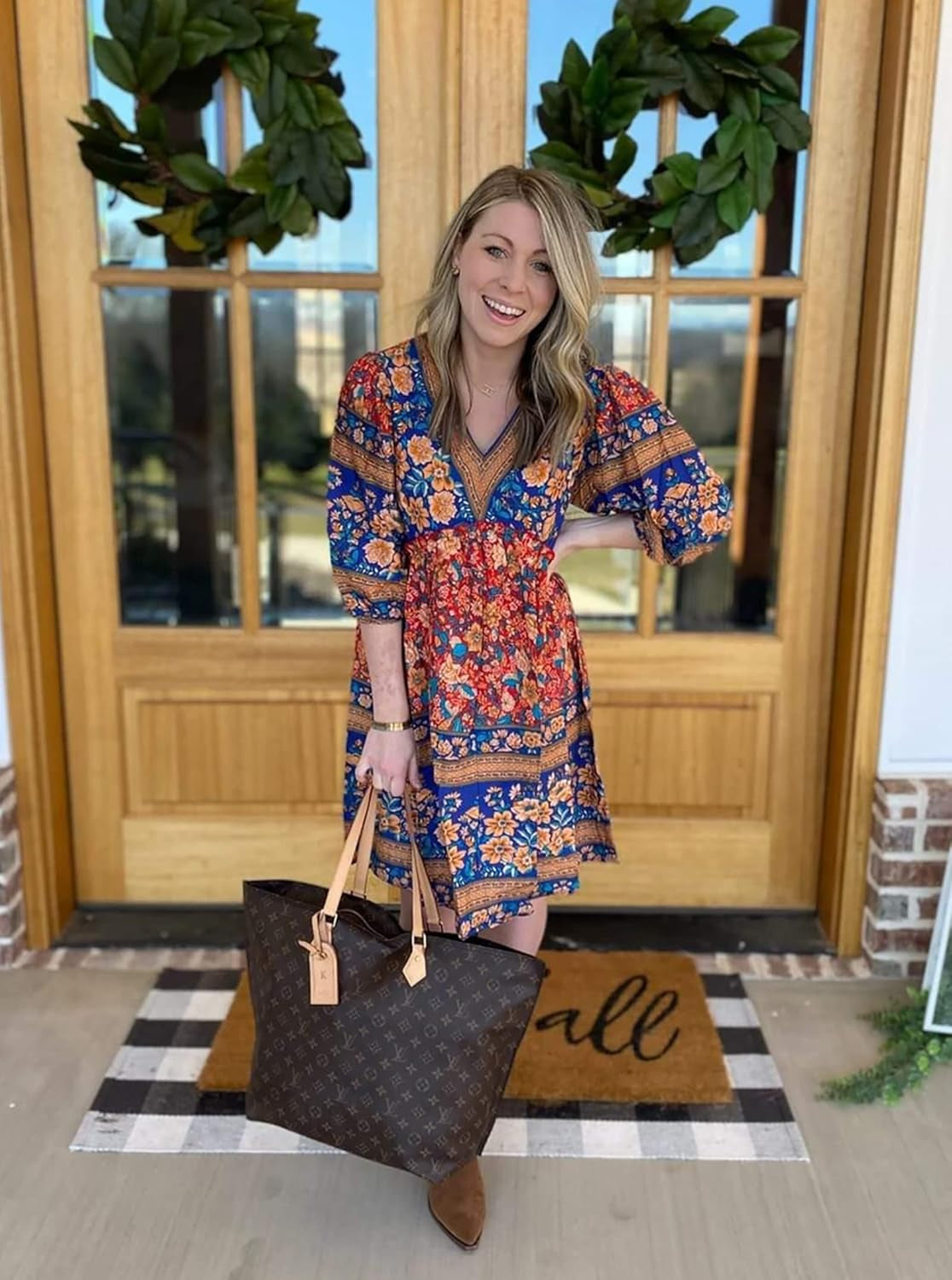 Women Casual Spring Summer Dresses V Neck 3/4 Long Sleeve Ruffle Floral Flowy Boho Babydoll Mini Short Beach Dress