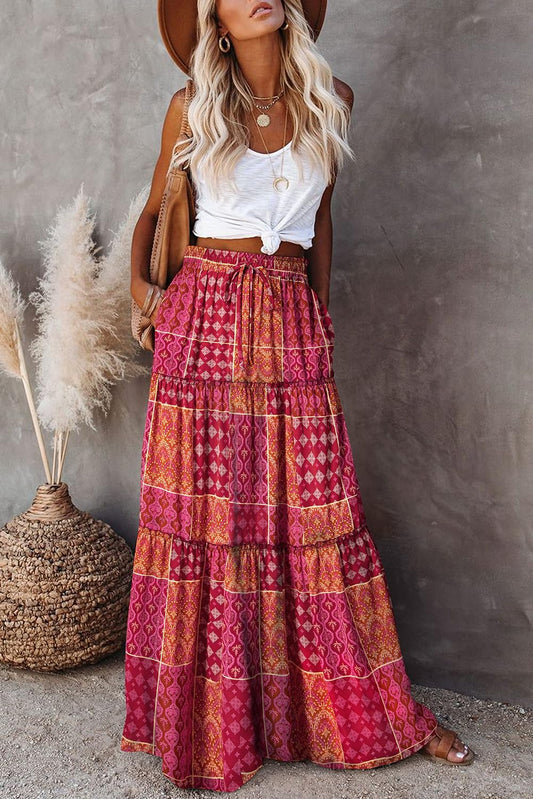 Womens Floral Print Boho Maxi Skirt Elastic High Waist Pleated Ruffle Flowy Long Skirts S-XL