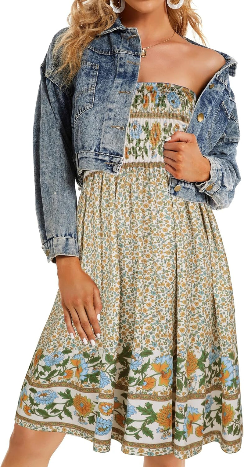 Summer Dresses for Women Beach Cover Ups Strapless Boho Floral Print Sundress