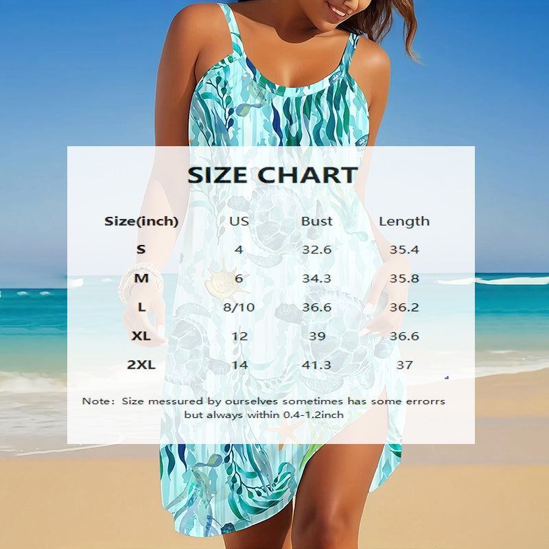 Women'S round Neck Sleeveless Sea Turtle Print Bohemian Beach Dress - Summer Vacation Dress