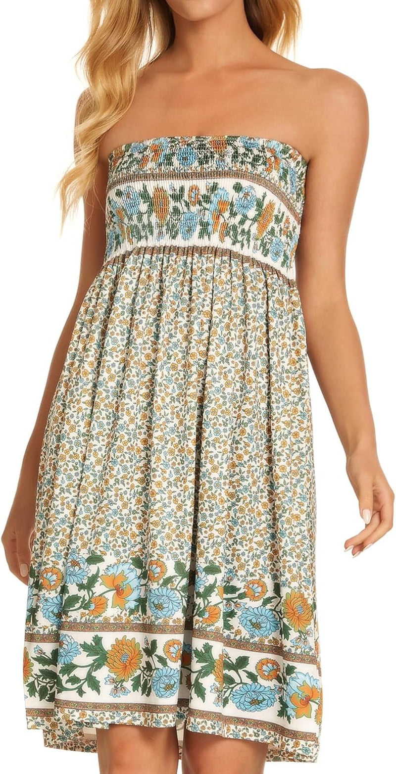 Summer Dresses for Women Beach Cover Ups Strapless Boho Floral Print Sundress