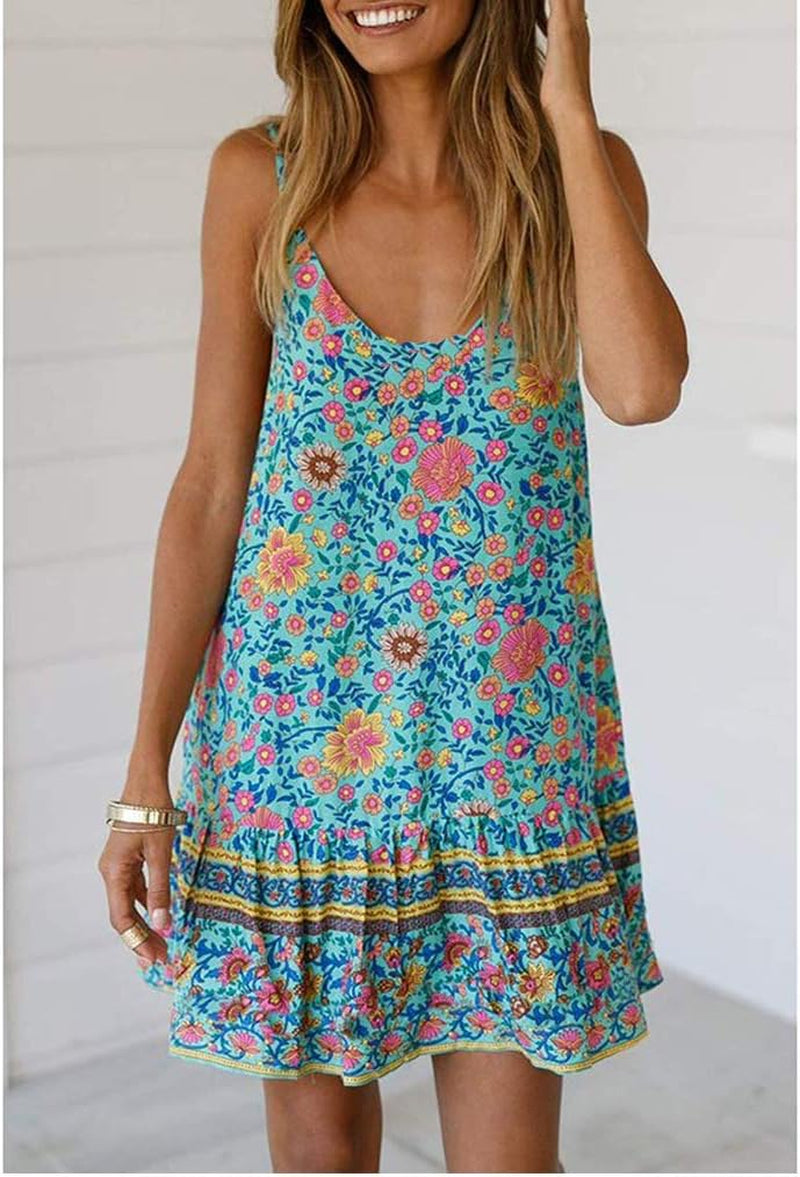 Womens Boho Floral Printed Dress Summer Sleeveless Adjustable Strap Beach Mini Dress with Pockets