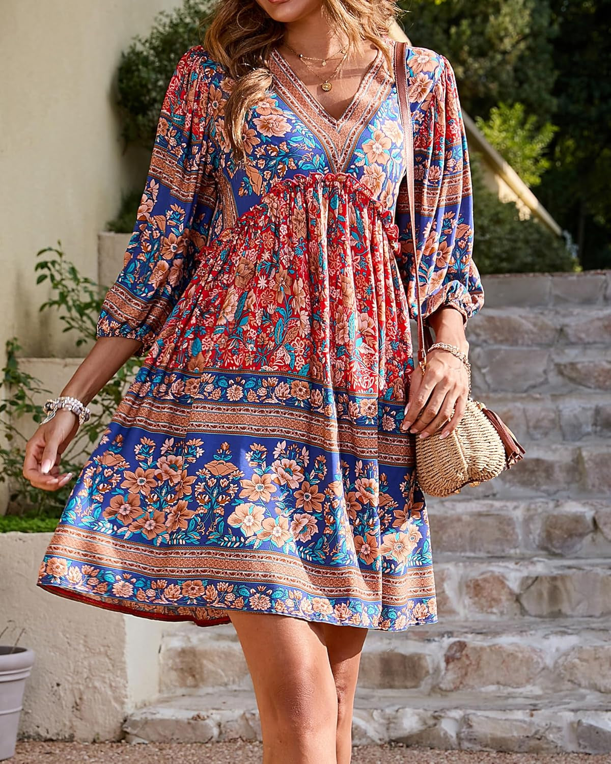 Women Casual Spring Summer Dresses V Neck 3/4 Long Sleeve Ruffle Floral Flowy Boho Babydoll Mini Short Beach Dress