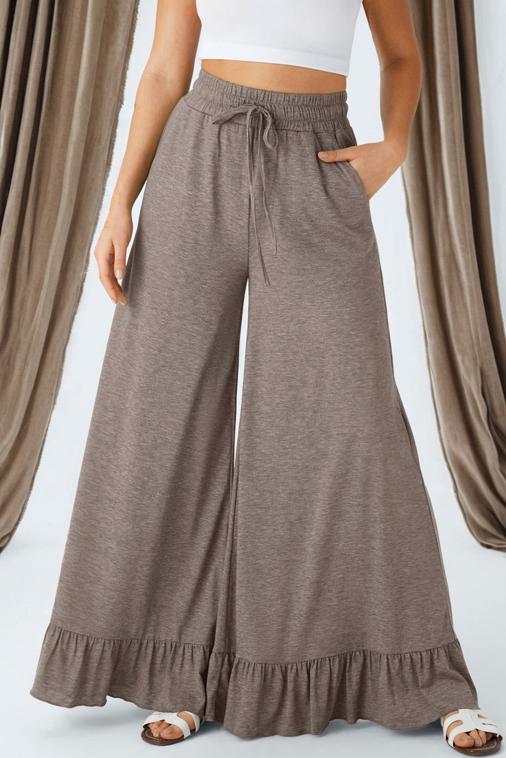 Black Ruffled Wide Leg Pull On High Waist Pants with Pockets